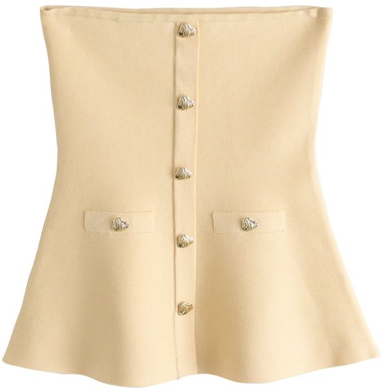 Lichtgele gebreide bandeau-top met gouden knopen en opgestikte zakken.