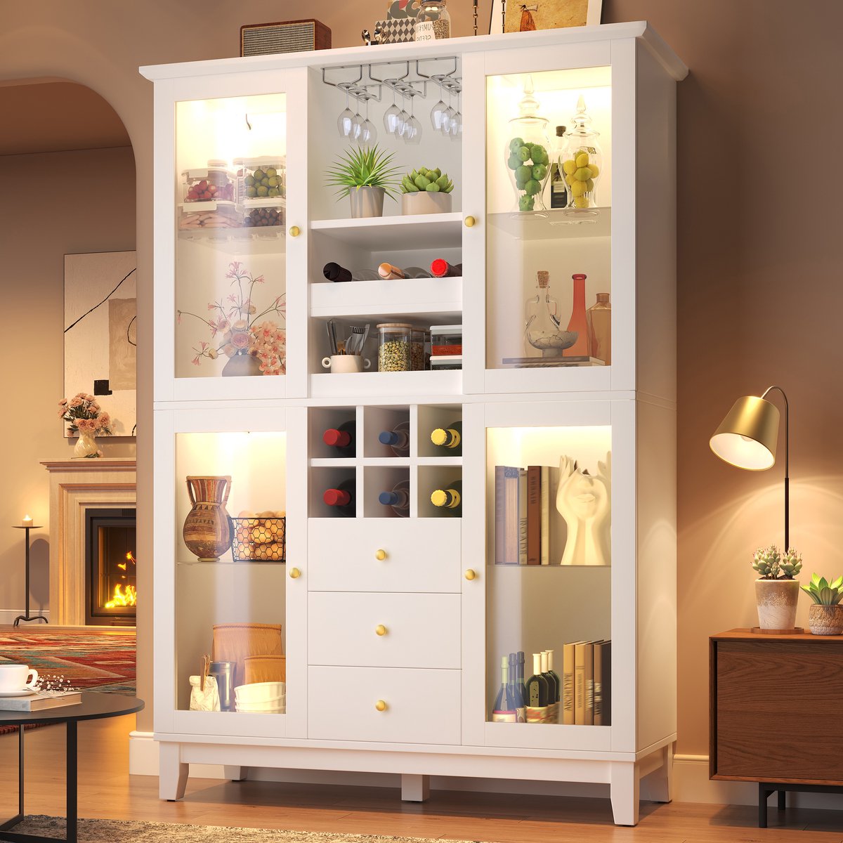 FloraGrace Buffetkast - Wijnkast Met App-Gestuurde LED, 3 Laden En Glashouder - Voor Woonkamer Of Eethoek - MDF - 120x40x180,5 Cm - Wit