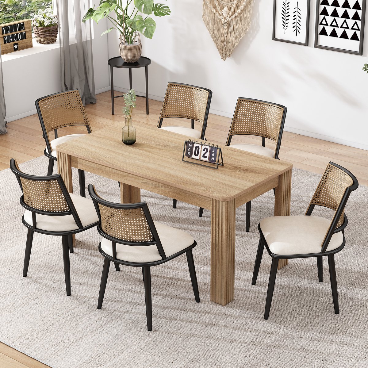 FloraGrace Eetkamerstoel – Rotan Rugleuning & PU-Zitting – Set Van 6 – Metaal – Natuurlijk En Comfortabel Voor Eetkamer Of Woonkamer – Zwart