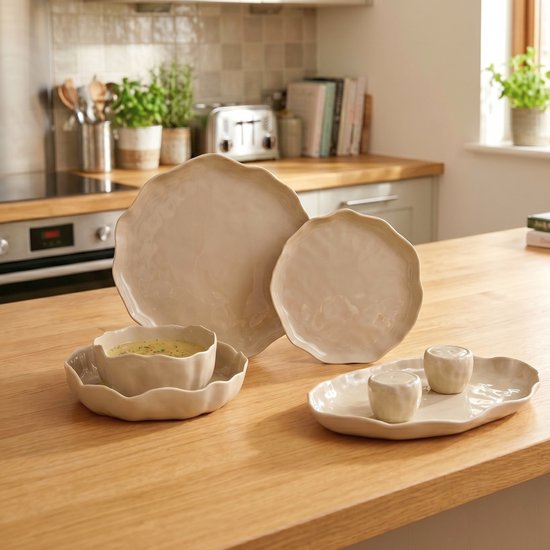 OZ HOME Bricard Angles Service de table - 27 pièces - 6 personnes - Vaisselle en porcelaine taupe avec plat de service - Lave-vaisselle et micro-ondes