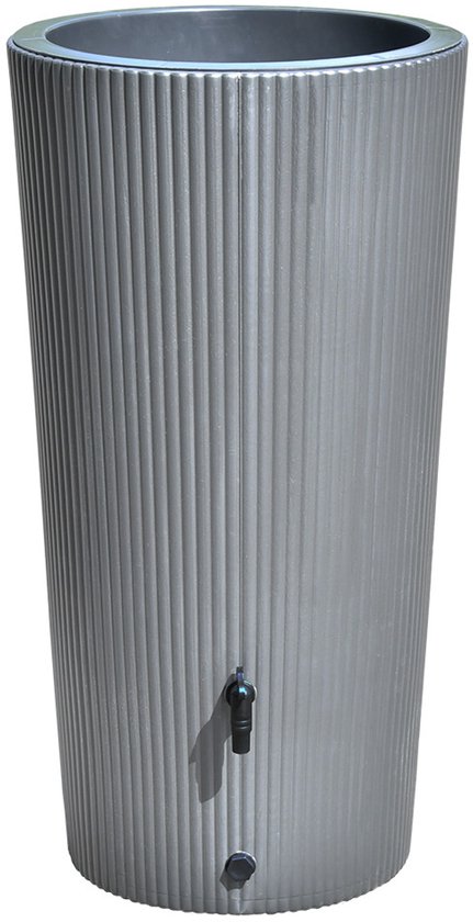 Grijze regenton van 200 liter met verticale ribbels en kraan.