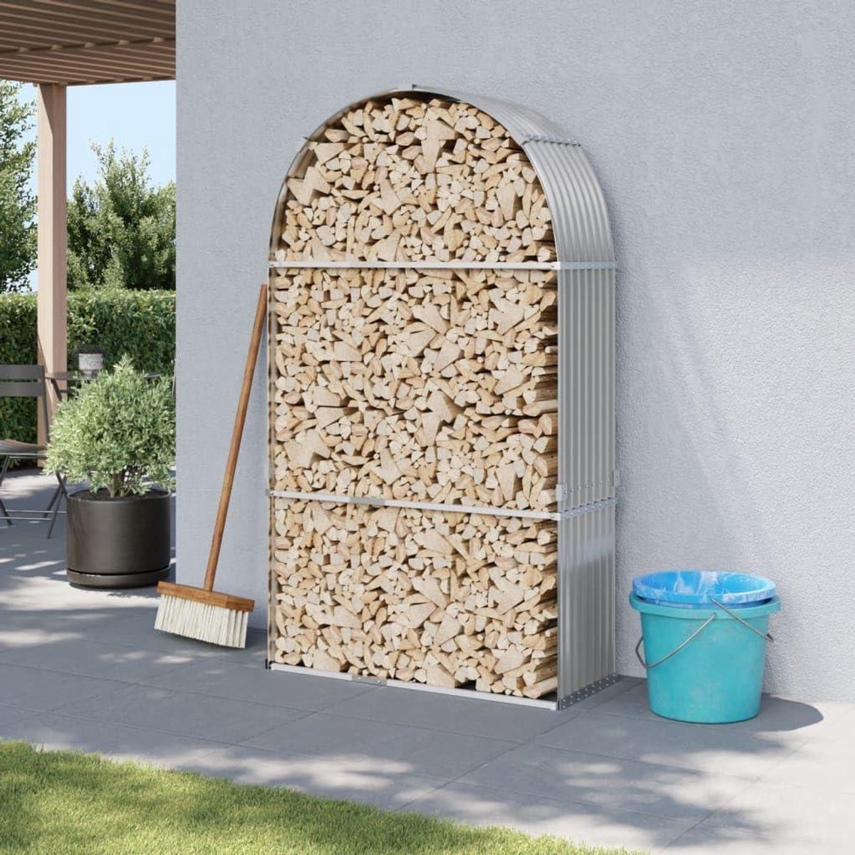 Brandhoutrek - Houthouder Opslag - Haardhout Opslaan - Gegalvaniseerd Staal - 120 x 45 x 210 cm - Lichtgrijs