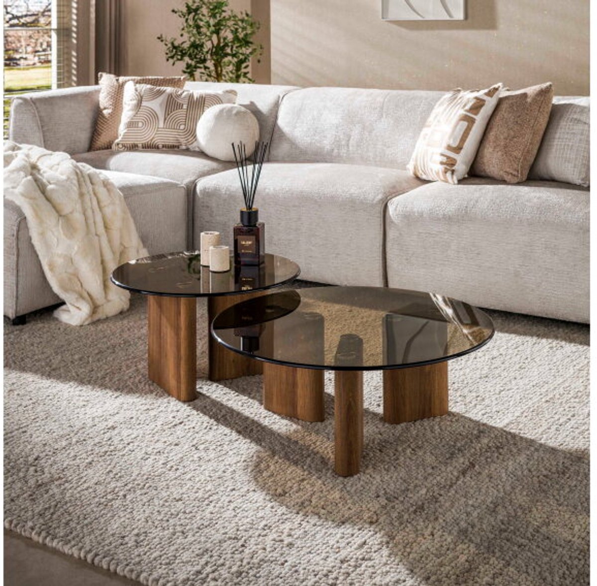 Meubelplaats Salontafel Tinto rond set van 2 - Brons glas Naturel