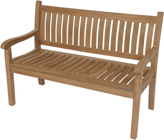 Teak houten tuinbank met een gebogen rugleuning en lamellen.