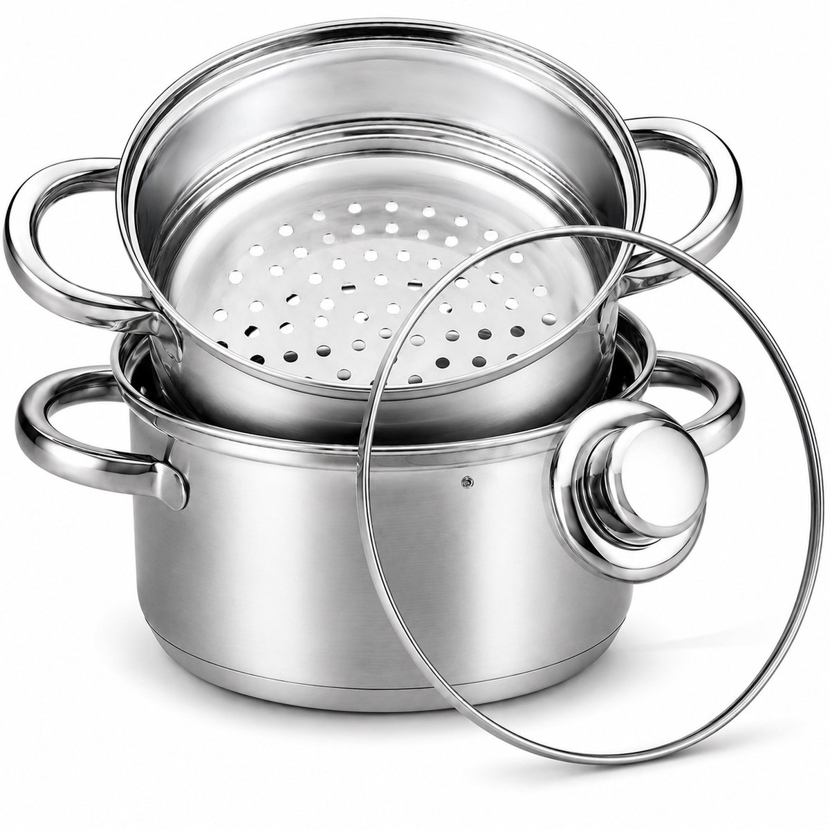 Aviro Stoompan - Glazen Deksel - 3,1L - 20 CM - Inductie En Gas - 3-Delige Rijst- En Groentestomer - RVS