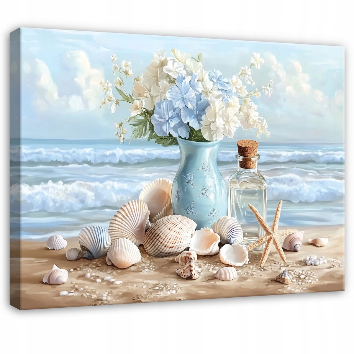 WALLARENA Schilderij op canvas - 120x80 cm - abstracte bloemenvaas aan zee - bloemen wanddecoratie voor woonkamer en slaapkamer Veelkleurig
