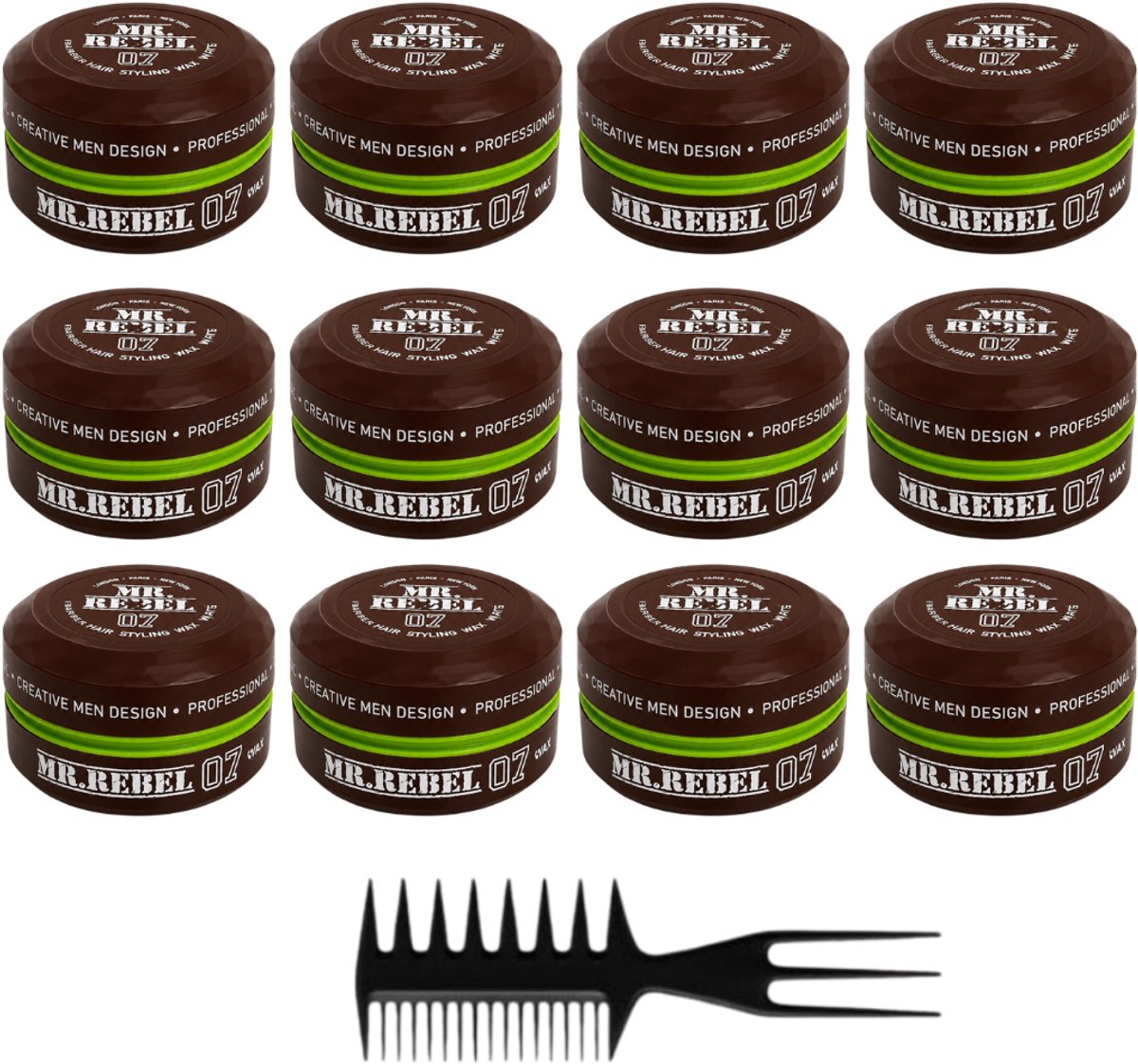 MR. REBEL 07 Haarwax Mannen – Matte Hair Styling Wax set van 12 stuks + 1 styling kam – Sterke Hold – Matte Finish – Volume & Textuur – Natuurlijke Look – Barber Wax 1800 ml