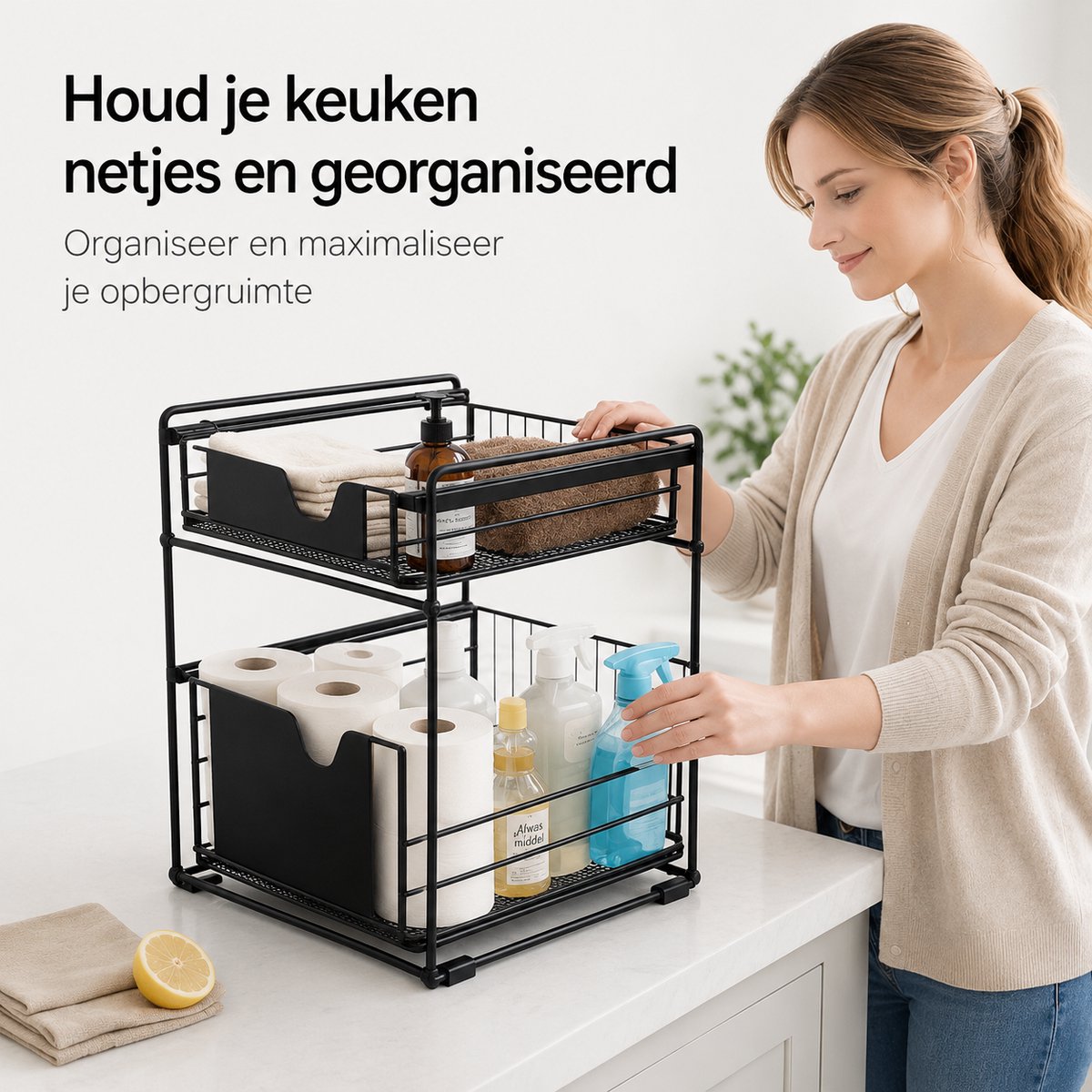 BOTC Gootsteenkast Organizer - Keukenkast Organizer - Aanrecht Organizer - Dubbel Uitschuifbaar - Aanrecht - Lade - Zwart — cadeau in Cadeau-ideeën - foto 5
