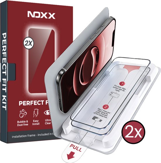 Emballage du NoXX Perfect Fit Kit avec deux protections d'écran et une aide à l'installation, avec le texte '2X' et 'Bubble & Dust free', 'Easy Install', 'Ultra Clear'.