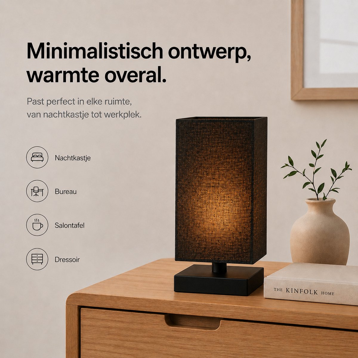 Sounix Tafellamp voor Nachtkastje - 3 Lichtkleuren 3000K/4000K/6000K - Inclusief E27 LED Lamp - Vierkante Stoffen Lampenkap - Zwart thumbnail 3