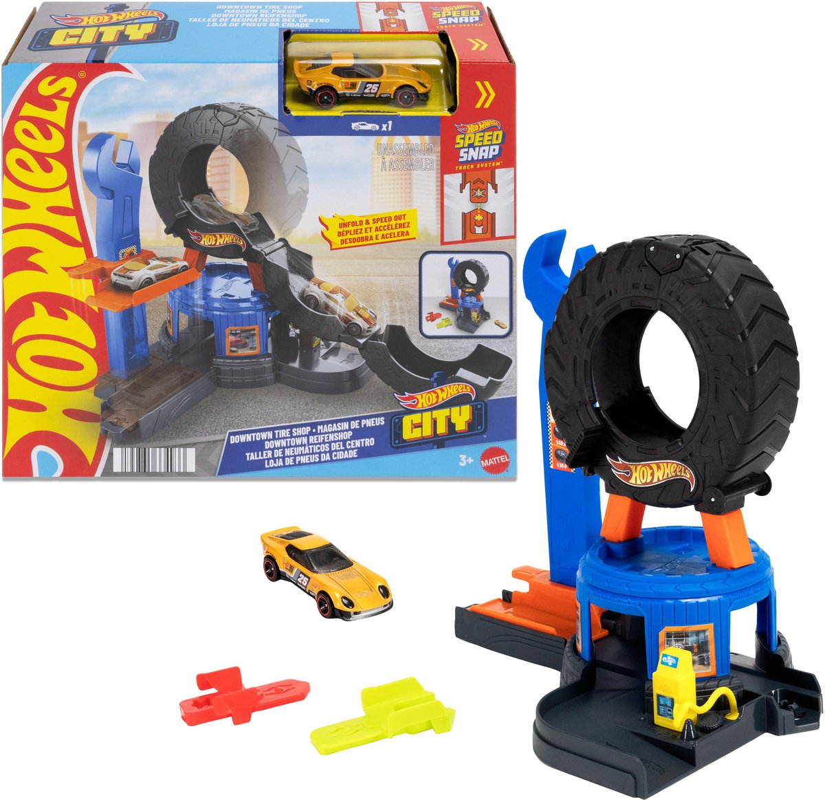 City Centrum Bandenwerkplaats - Speelset en speelgoedauto - Geschikt voor het snel-klik-baansysteem de Hot Wheels en Multicolore – photo du produit