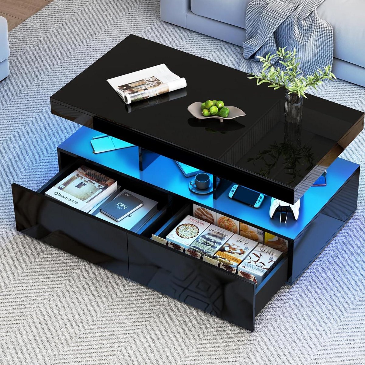 Salontafel - Zwart meubel - Woonkamer organiseren - Met LED verlichting - 104 cm lengte - Zwart