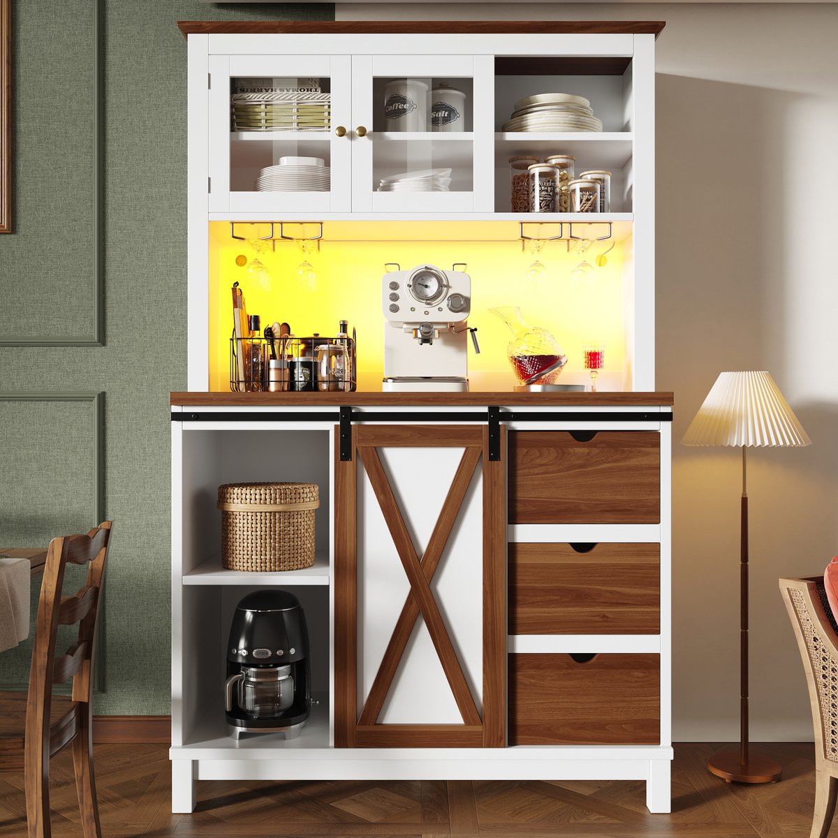 REDOM Hoge kast met LED-verlichting en appbediening - Schuifdeur met glazen front en verstelbare legplanken - 3 lades - Wit - 104 x 40 x 180 cm