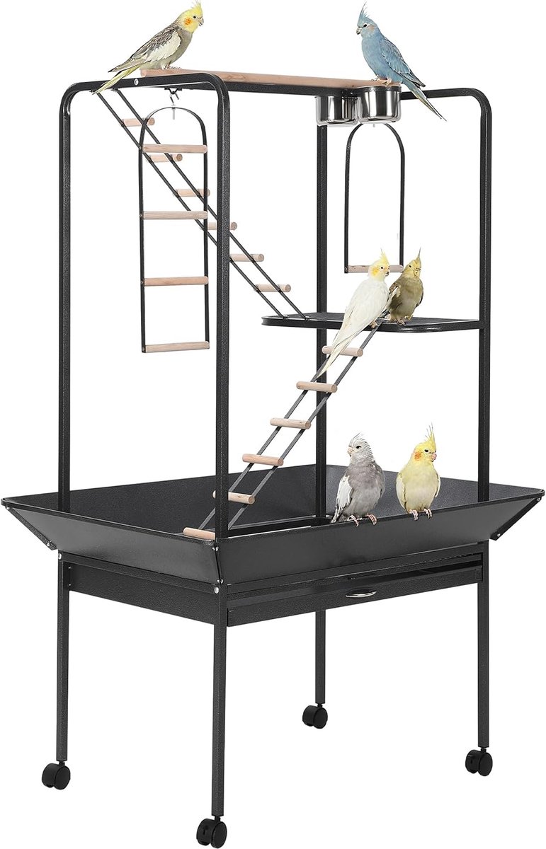 Papegaaienspeelstandaard op Wielen - Vogel Speeltuin met Ladders, Voerbakken en Schuiflade - Verrijdbare Klimboom voor Grote en Middelgrote Vogels - 58 x 84 x 168 cm