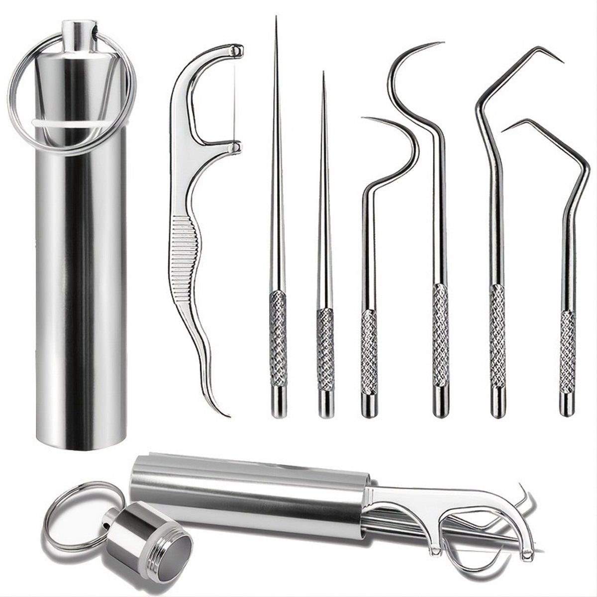 set van 7 roestvrijstalen tandenstokers, herbruikbare tandreinigers voor tandvlekken, met opbergdoos, geschikt voor picknick, kamperen en reizen