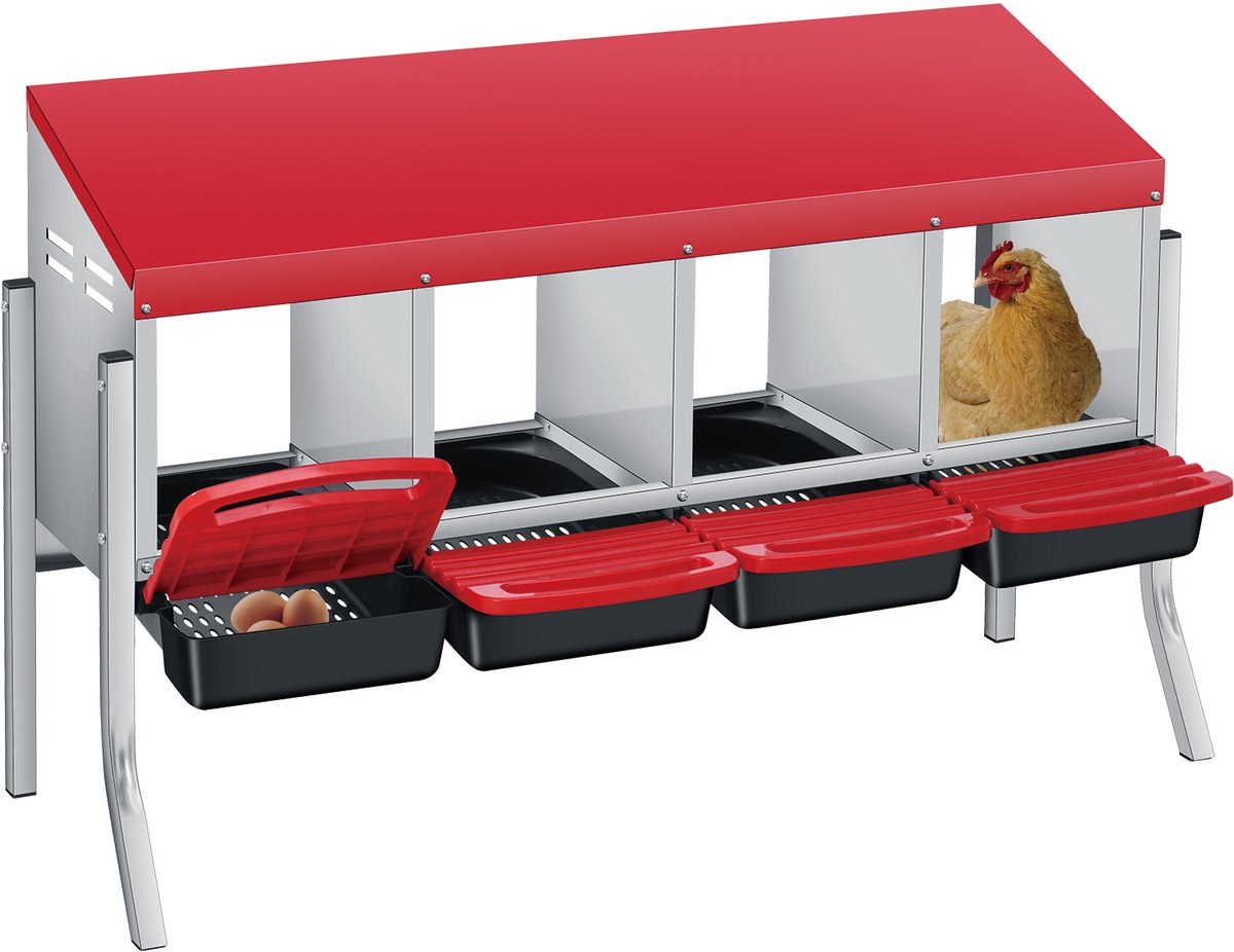 Kippenlegnest - Nistkast voor Kippen - Voor Buiten en Pluimvee - 106x34x70 cm - 4 Afdelingen - Vrijstaand met Poten - Rood