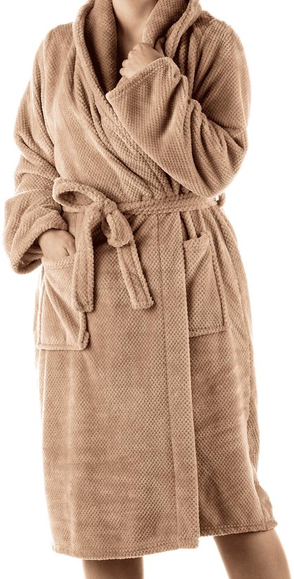 Textino - CHRIS - badjas 116 cm - volwassenen - maat M/L - fleece met structuur - Fungi - bruin