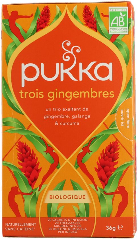 Pukka Trois Gingembres biologische kruidenthee, 20 zakjes met gember, galanga en kurkuma op oranje verpakking met botanische print.