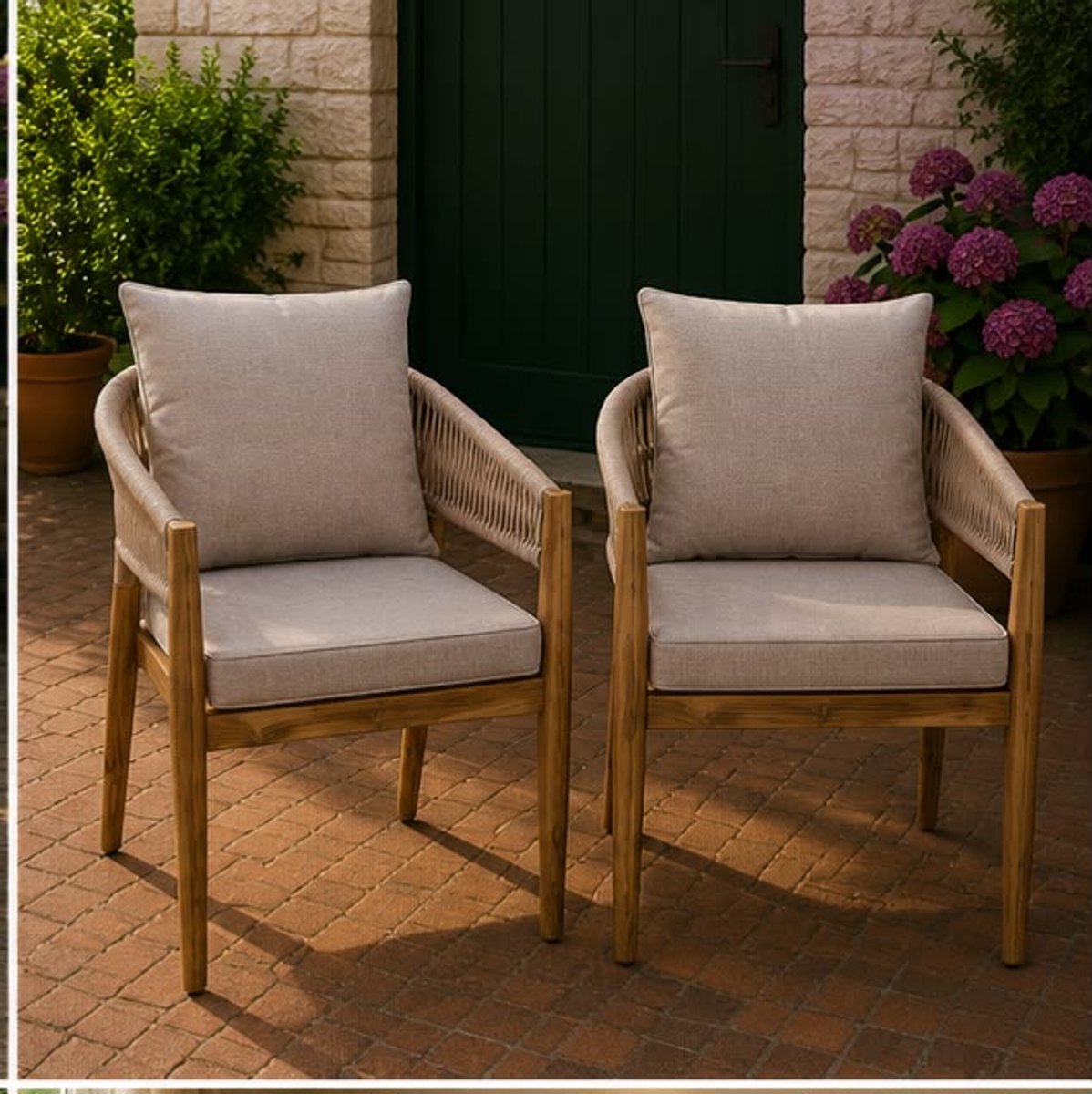 Tuinstoelen Set van 2 59x58x76,5 cm – Acaciahouten Balkonstoelen met Rope Design en Dikke Kussens – Weerbestendige Lounge Stoelen voor Tuin, Terras, Balkon en Serre – Naturel – Mobili Bella