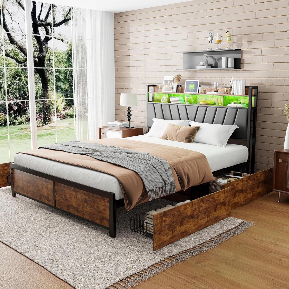 Metalen Bed - Opbergbed - Ruimte Besparen - Geïntegreerde LED - 180x200cm - Zwart