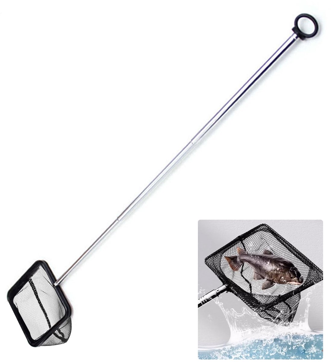 Dailygoods- Aquariumvisnet met telescopische handgreep - Scheurbestendig Nylon - Visnet voor vijvers - Rechthoekig - Zwart - Afmetingen 12 x 15 x 31 cm