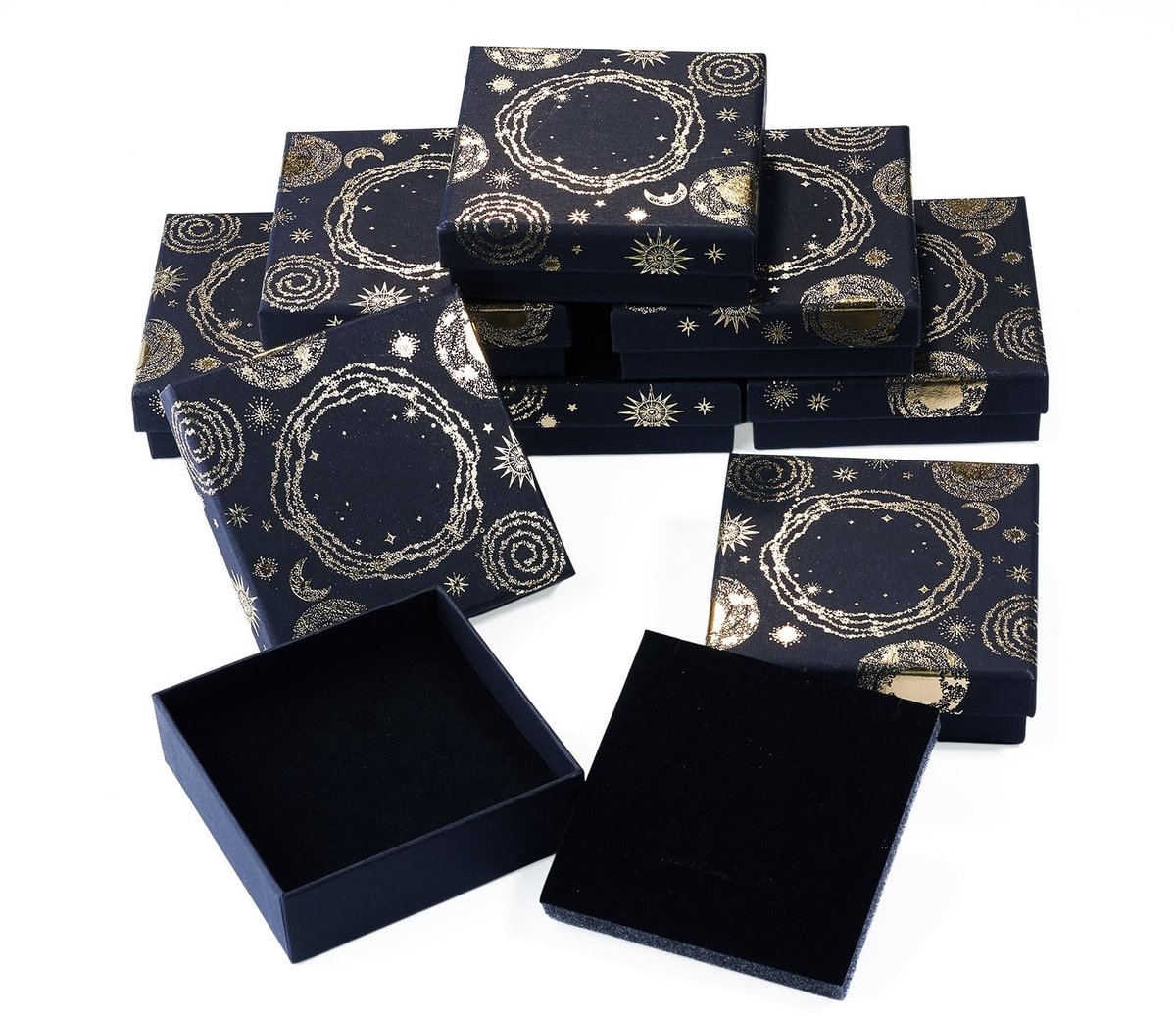 Dailygoods- Geschenkdozen 10 Stuks - Kartonnen Dozen - Zwart met Spons - Vierkant - Thema Zon/Maan/Ster - Afmeting 7,5 x 7,5 x 3,45 cm - Juwelendoosjes