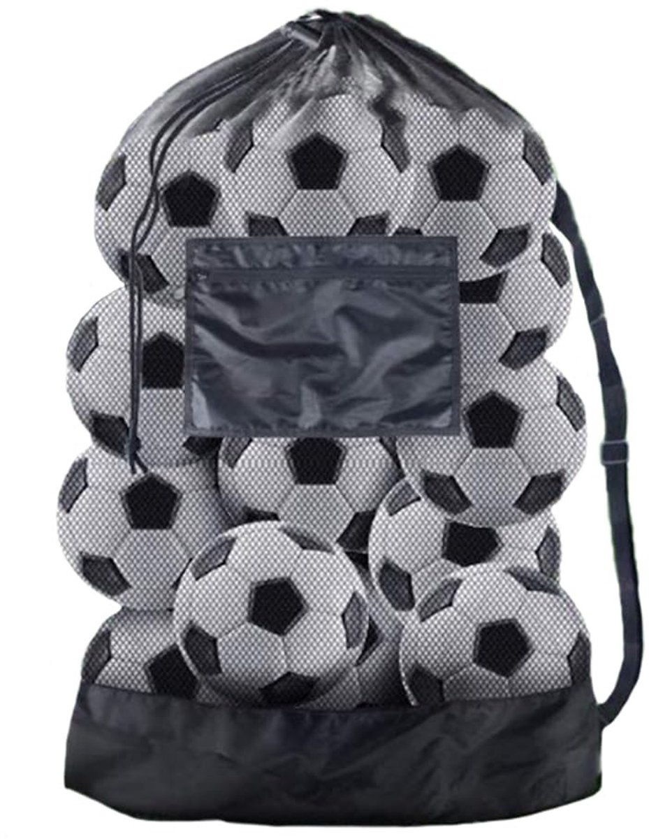 Dailygoods- Voetbaltas Extra Groot - Mesh Tas met Trekkoord - Verstelbare Schouderriem - Duurzaam Polyester - Capaciteit voor 12 Voetbalballen - Zwart 100x75 cm - Sporttas