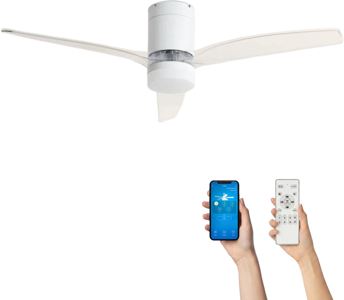 Fantiluxe - Filip - Plafondventilator met verlichting - Wit Transparant - Ø132cm - Afstandsbediening - Met lamp - Plafond ventilator - Slaapkamer