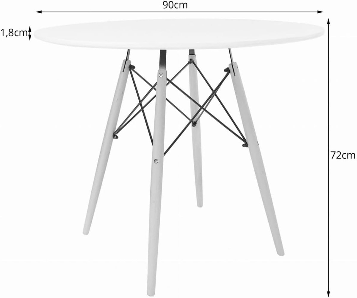 Ronde Scandinavische Eettafel 90 cm Wit – Moderne Keuken- en Woonkamertafel met MDF Tafelblad & Beukenhouten Poten – Compact Design voor 2–4 Personen