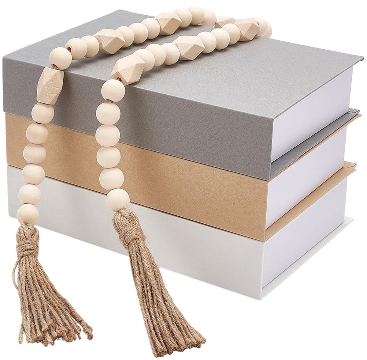 Dailygoods- Nepboeken Set van 3 - Decoratieve Boeken - Houten Kralen - Woondecoratie - Neutrale Kleuren - Afmetingen 219 x 156 x 43 mm