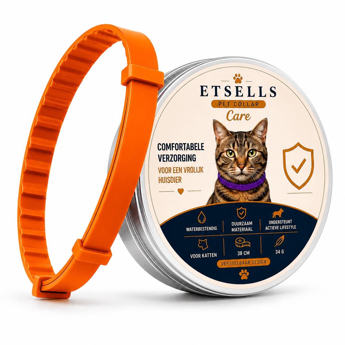 ETSELLS Halsband Kat Oranje – Verstelbare Kattenhalsband tot 38 cm – Waterbestendig, Lichtgewicht en Duurzaam – Inclusief Verzorgingskam