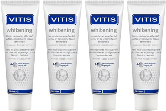 Vier tubes Vitis whitening tandpasta, met blauwe en witte accenten en tekst.