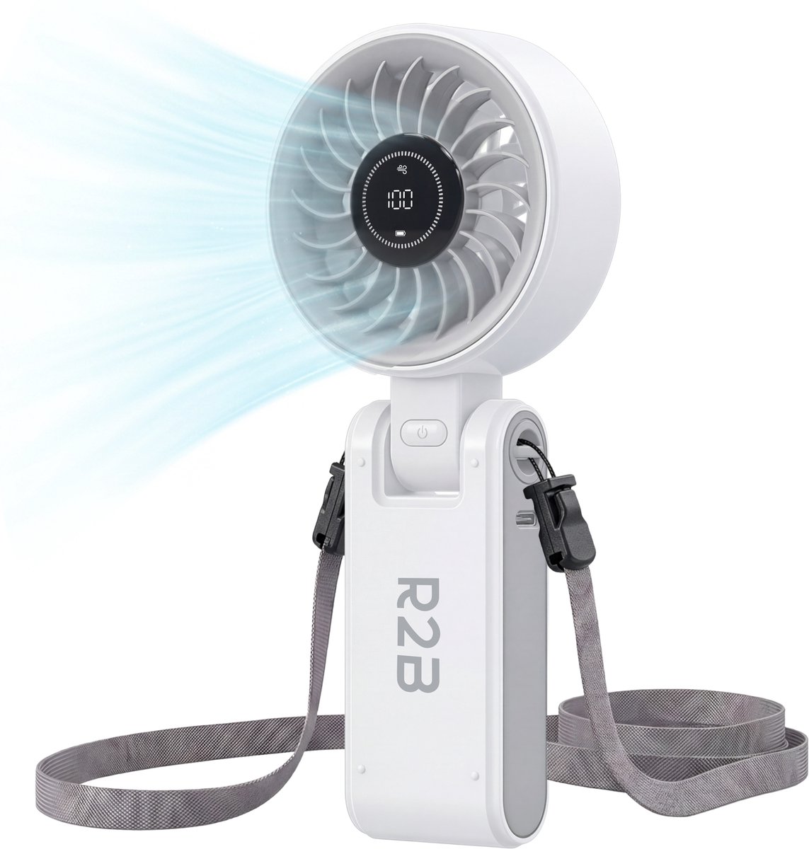 R2B Handventilator Oplaadbaar - Draagbare Mini Ventilator - Nekventilator met 100 Snelheden - Opvouwbaar - 4000 mAh - LED Display en Draagkoord