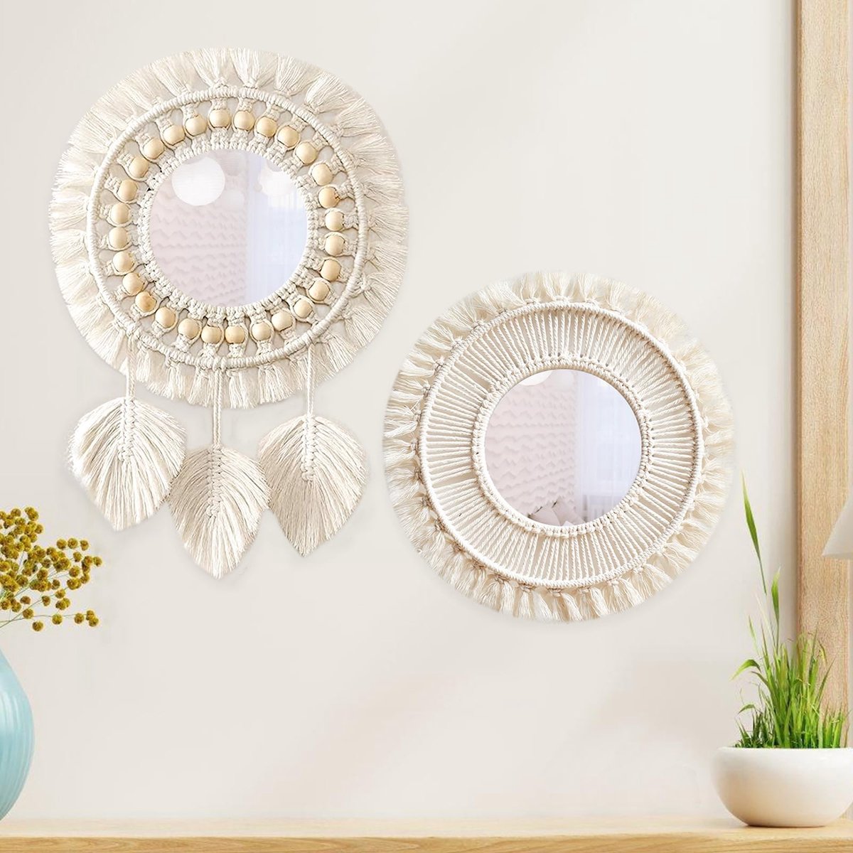 Dailygoods- Wandspiegel Ronde Macramé - Decoratieve Spiegel - 2 Stuks - Geweven Franjes - Boho Wanddecoratie - Handgemaakt Katoen