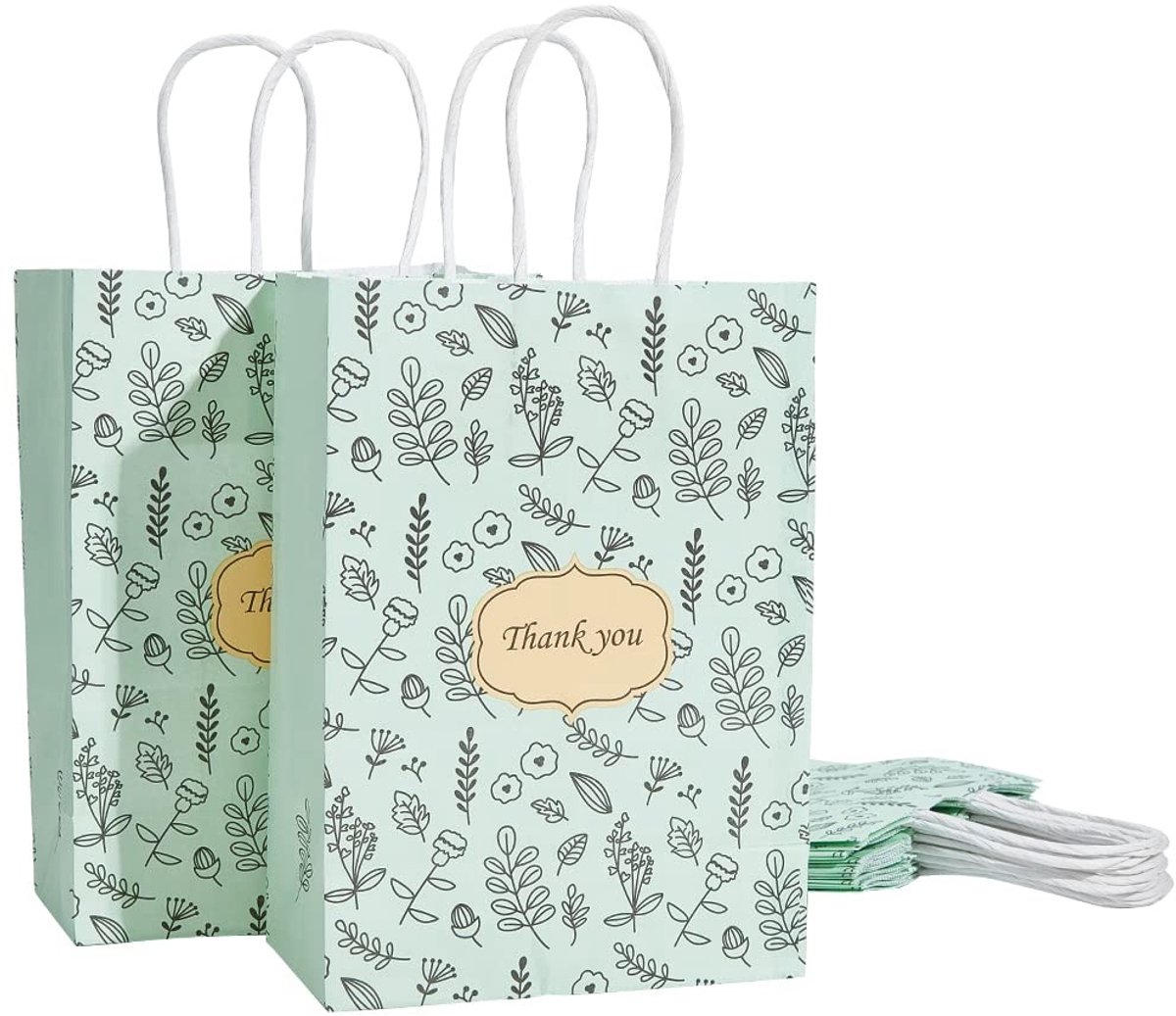 Dailygoods- Geschenkzakjes 10 Stuks - Kraftpapier - Groene Achtergrond met Bloemen - Opvouwbaar - Handvatten - Duurzaam en Herbruikbaar - Cadeauzakken