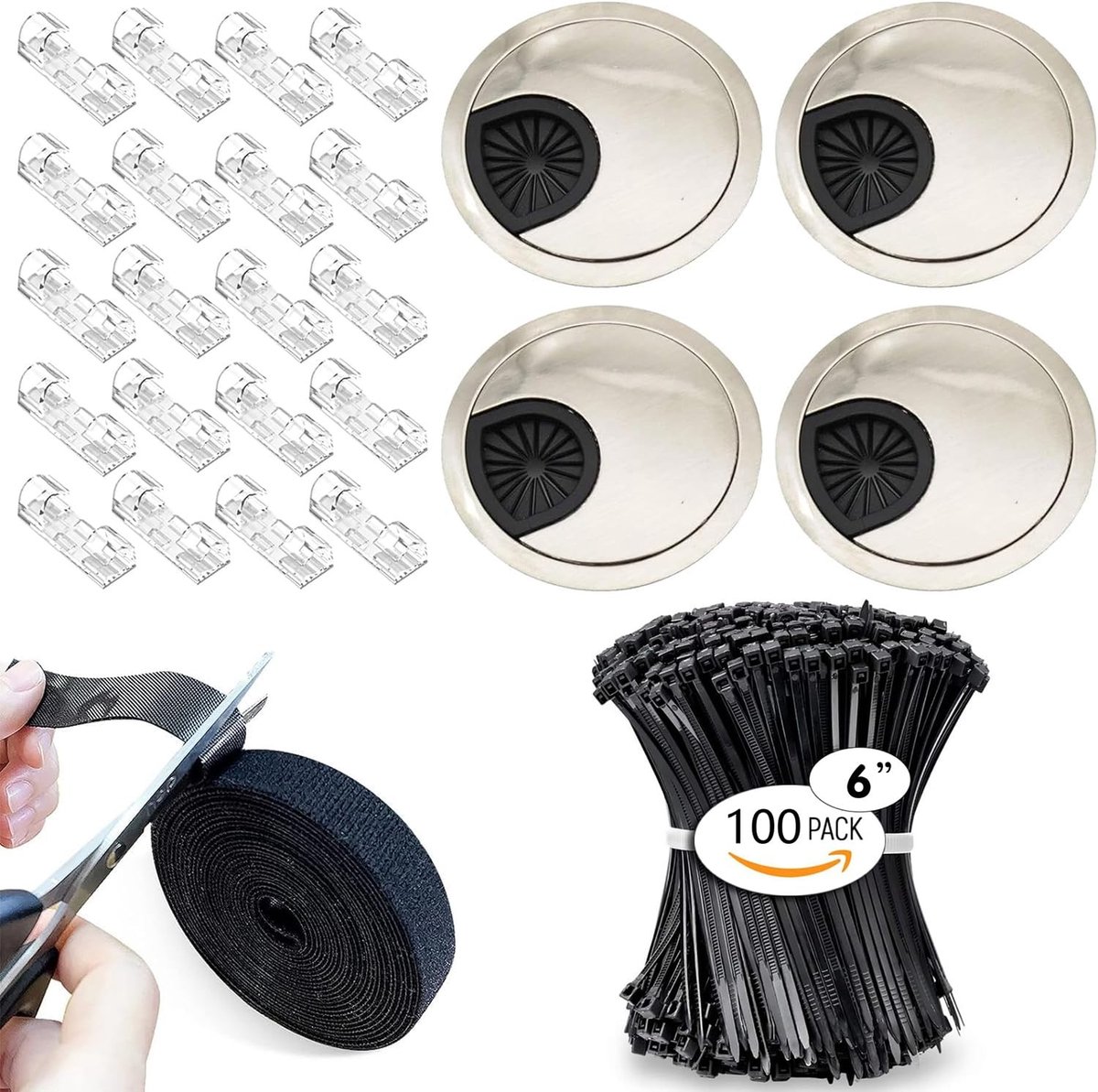 Dailygoods- Bureaudoorvoertule Set van 4 - Kabelorganisatieset - Inclusief 20 Zelfklevende Kabelclips - 1 Rol Haakluskabelbinders - 100 Kabelbinders - Duurzaam Materiaal - Kabeldoorvoer