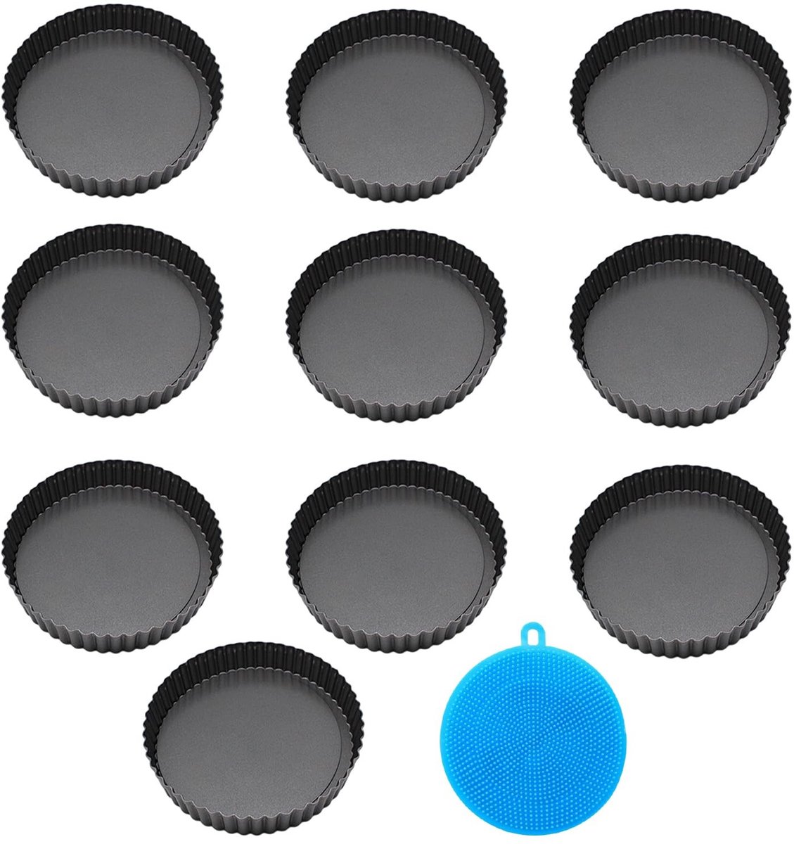 Dailygoods- Mini-Taartvormen 10 cm - 10 Stuks - Afneembare Bodem - Koolstofstaal - Vaatwasmachinebestendig - Inclusief Siliconen Reinigingsborstel - Taartvorm