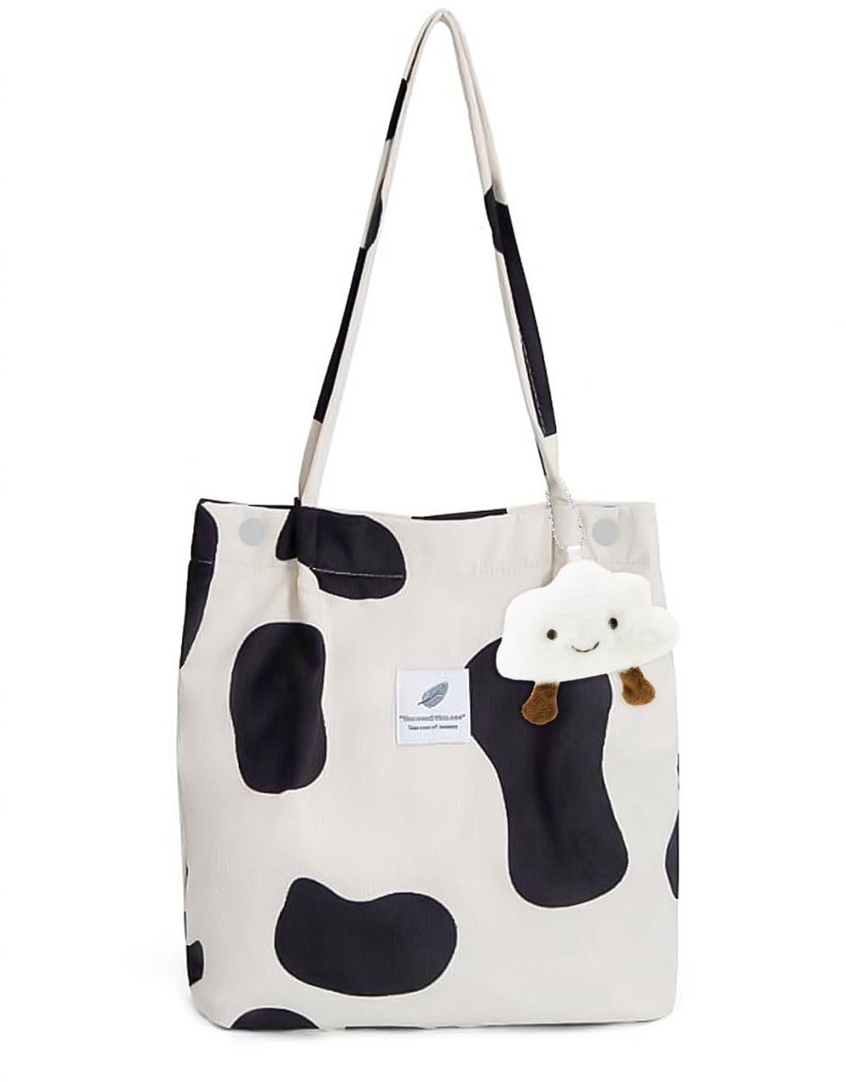 Dailygoods- Canvas Tas Grote Capaciteit - Schoudertas Dames - Fluwelen Tas - Lichtgewicht - Zwart-wit Patroon - 40,5 x 38,5 x 11 cm