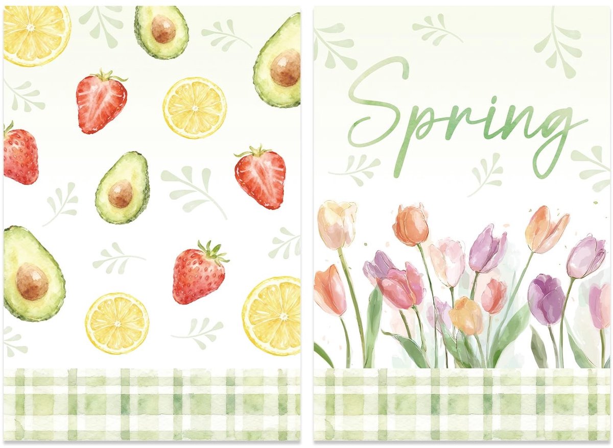 Dailygoods- Keukenhanddoeken 2st - Lente/Pasen Thema - 66x44cm - Polyester - Fruit/Bloemen Patroon - Charmante Decoratie - Afwasdoeken