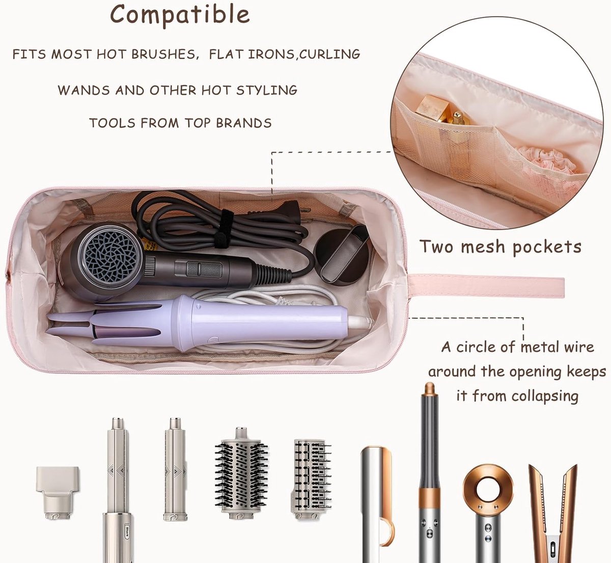 Grote gewatteerde reistas voor haarstylingtools met strikpatroon - Waterdichte opbergtas voor haarstylingaccessoires zoals de Shark FlexStyle, Dyson Airwrap föhn, krultang en Revlon haarstylingtools - Roze thumbnail 7
