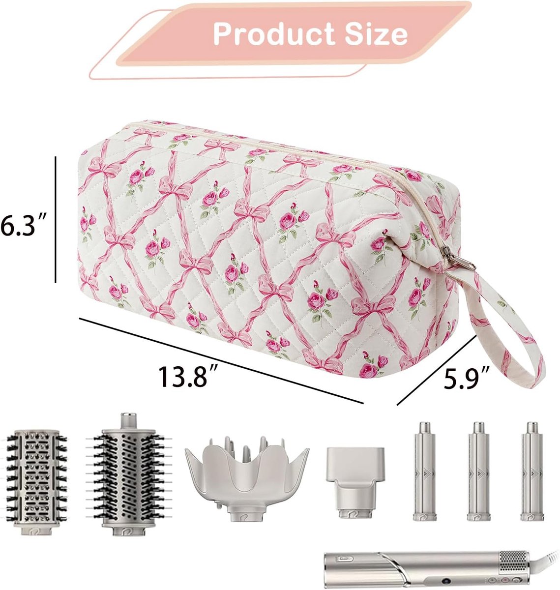 Grote gewatteerde reistas voor haarstylingtools met strikpatroon - Waterdichte opbergtas voor haarstylingaccessoires zoals de Shark FlexStyle, Dyson Airwrap föhn, krultang en Revlon haarstylingtools - Roze thumbnail 6