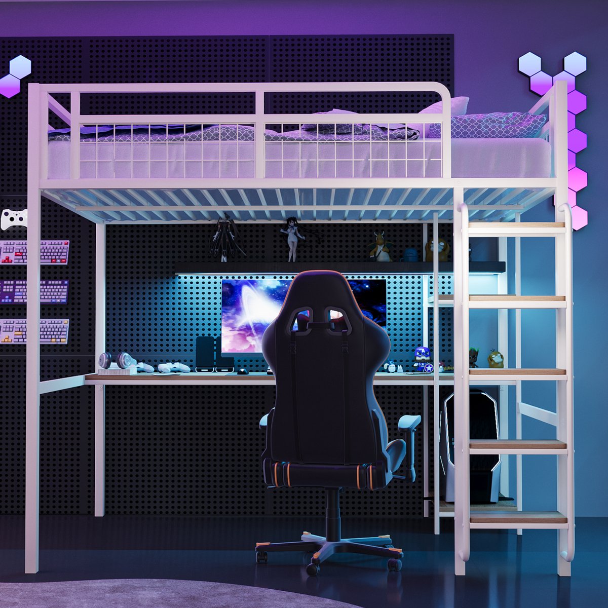 VVBV Hoogslaper 140x200 / Hoogslaper met trap / Kinder hoogslaper – met Opbergrekken, Opbergruimte, Ladder – Tienerbed – Metaal – Wit – Tienerbed 140x200 White