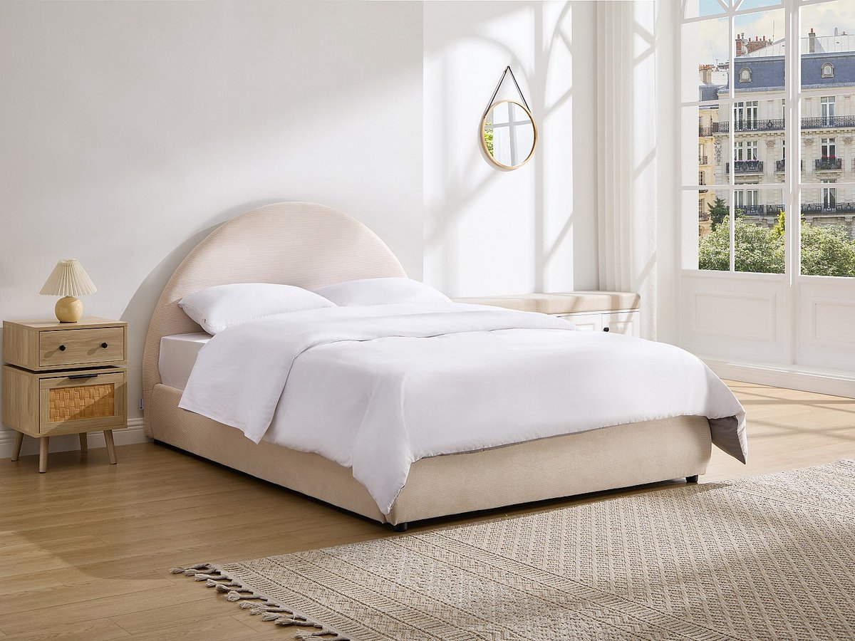 Vente-unique Bed met opbergruimte fluweel beige 180 x 200 cm (Super King Size Bed)