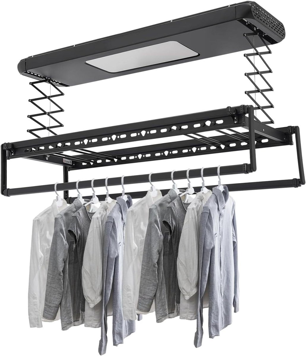 Elektrisch droogrek Plafonddroger uitschuifbaar Was ophangen Met ledverlichting 130-215 cm Zwart