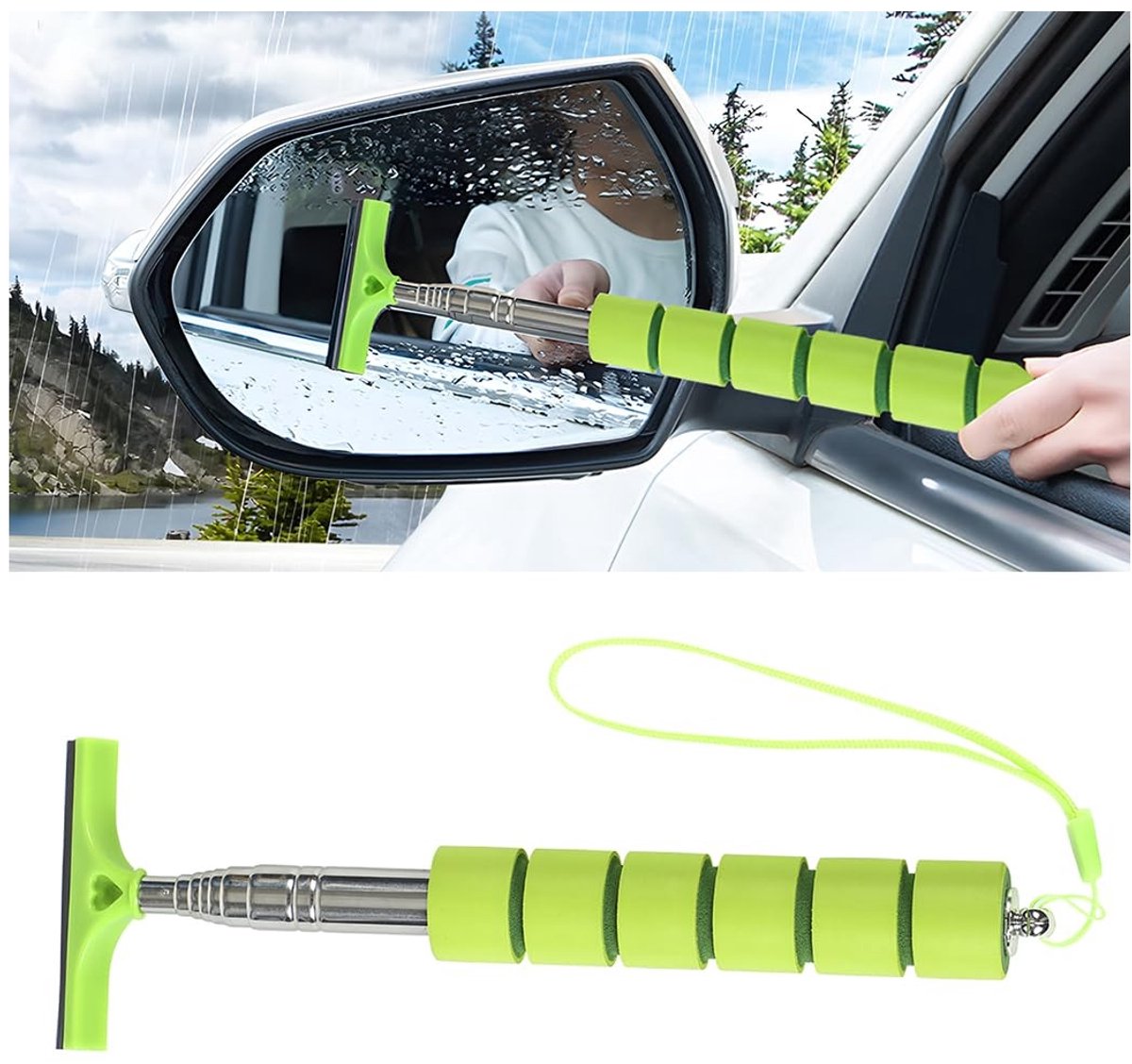 Dailygoods- Spiegelwisser Intrekbaar - Draagbare Achteruitkijkspiegelwisser - Verstelbare Wisser - Rubber + Roestvrij Staal - 180 Graden Wiphoek - 100 cm Stretchlengte - Autospiegel