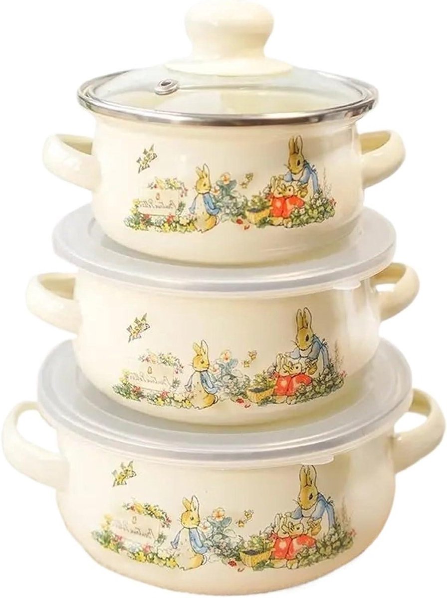 Ovenschotel Emaille - Braadpan Kom - Stoofschotels Maken - Dubbele Oren - 3 Delig Pak - Beige