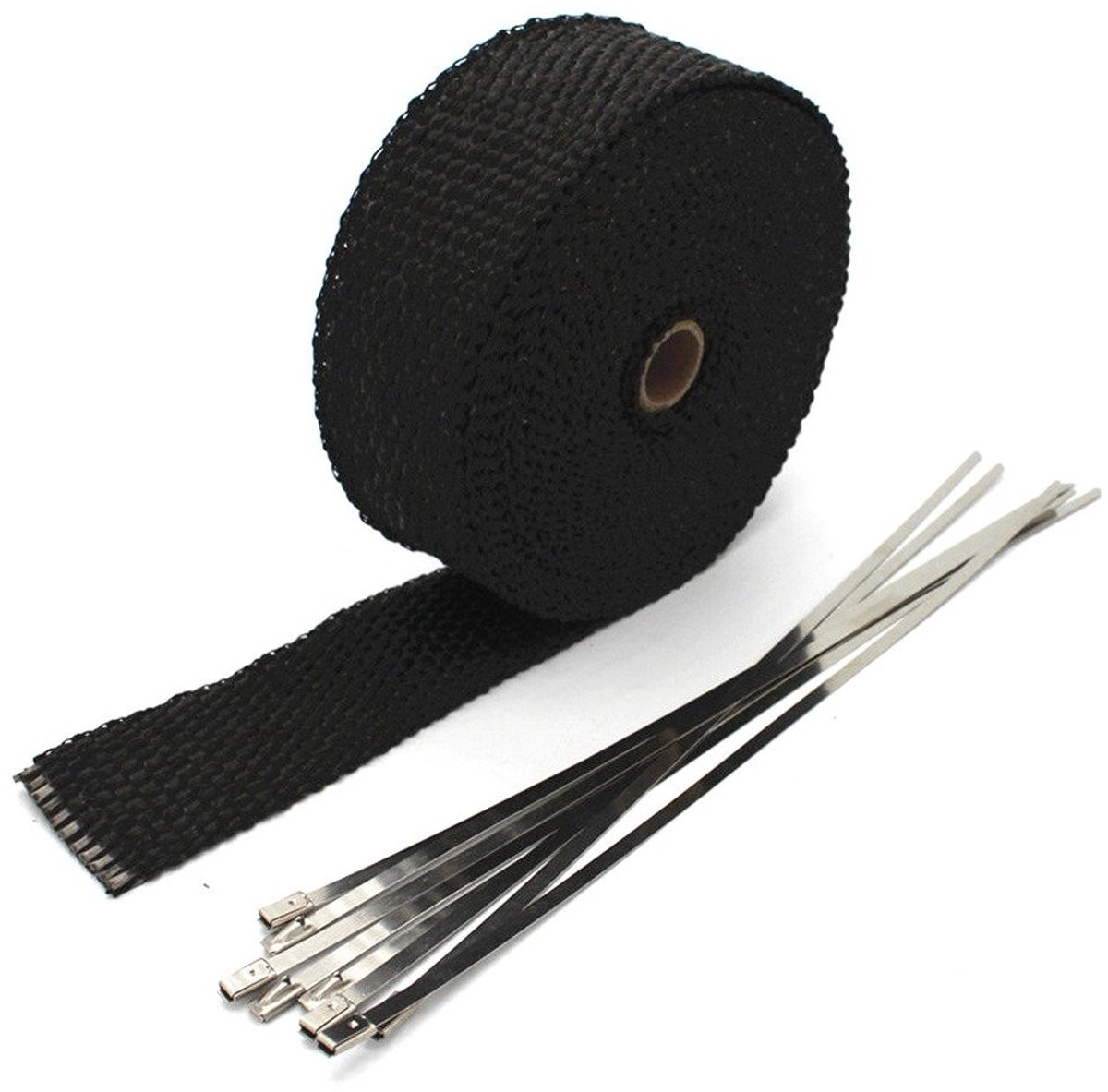 Dailygoods- Uitlaatband 5cm x 5m - Thermische Isolatie - Hittebescherming - Schokbestendig - Glasvezel - Inclusief 6 Roestvrij Stalen Klemmen - Uitlaatisolatie