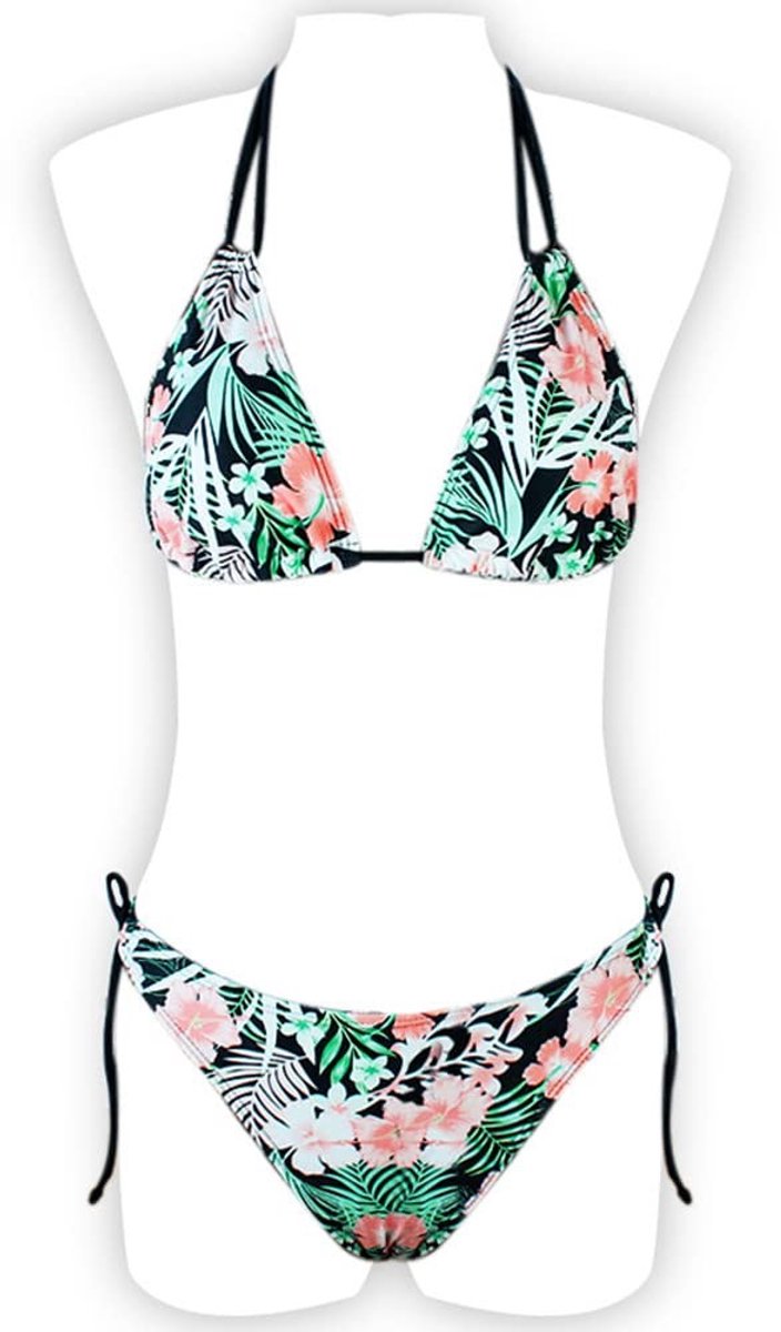 Dailygoods- Bikini Dames - Triangeltop Halterdesign - Tangaslip - Verstelbare Bandjes - Tropische Bloemen - Sneldrogend Materiaal - Badmode