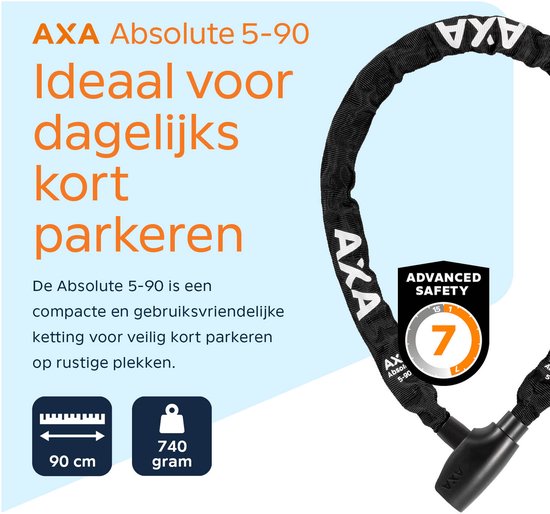 AXA Absolute 5-90 kettingslot, 90 cm lang, met een veiligheidsscore van 7/15.