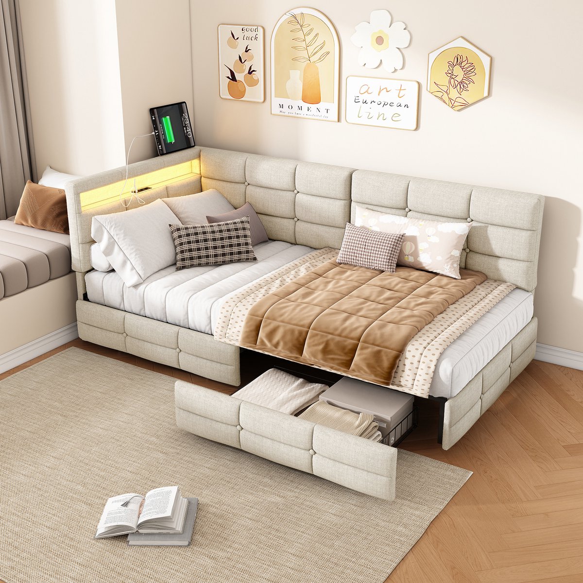 ROSAHQNDA L-vormig gestoffeerd bedframe, 90x200cm, met USB-oplaadpoort en LED-verlichting, eenpersoonsbed voor kinderen met ladeopbergruimte, linnen stof, beige